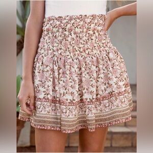 By the River Floral Boho Coquette Smocked Stretch Waist Romantic Mini Skirt L
